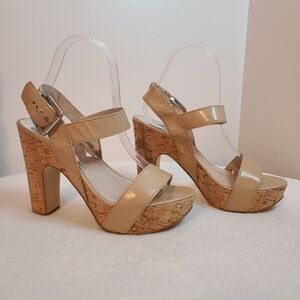 Michael Kors Ivana Nude Leather Cork Heeled Sandals Size 7M